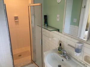 a bathroom with a shower and a sink at Beach Block Victorian 1 minute from beach in Ventnor City