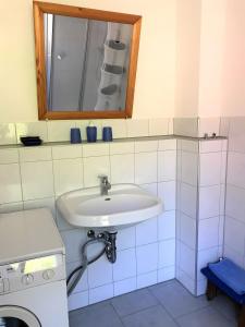 a bathroom with a sink and a washing machine at Herrenhaus Gut Buchenhof in Römhild +12 photos