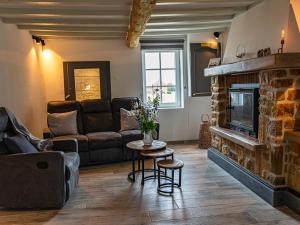 a living room with a couch and a fireplace at La Petite Mazure in Tournai +18 photos