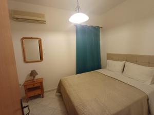 a bedroom with a bed with a blue curtain and a mirror at Apartments Marina House in Fársa