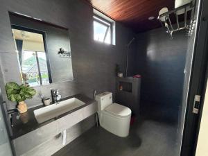 a bathroom with a toilet and a sink and a mirror at Phong Nha TuTu's House in Phong Nha