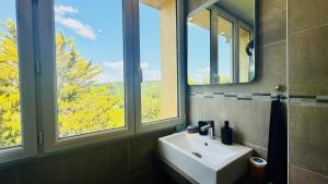 a bathroom with a sink and two windows at Les hauteurs d'Avon - Vue forêt - Parking in Avon +30 photos