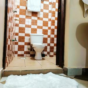 a bathroom with a toilet and a tiled wall at Meyer Stays in Kilifi +12 photos