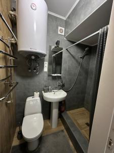 a small bathroom with a toilet and a sink at Гостинний двір Підкова in Budishche +9 photos