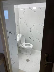a bathroom with a white toilet and marble walls at Villa Rejan in Pogradec +56 photos