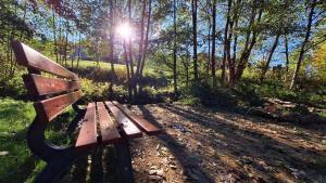 a bench in a park with the sun in the background at Wellness apartmány Puštík se soukromou vířivkou a saunou in Pěnčín