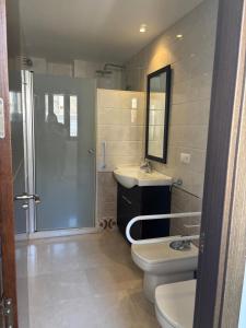 a bathroom with a toilet and a sink and a shower at Fuente De La Salud in Priego de Córdoba