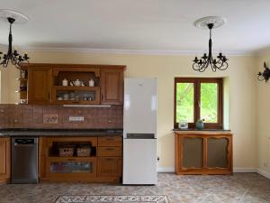 a kitchen with a white refrigerator and a window at Pokoje Ella in Jelenia Góra