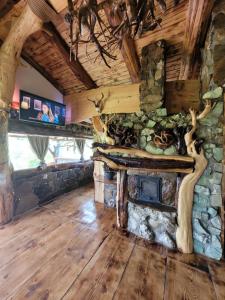 a fireplace in a room with a stone wall at Cabana Noah Rustic in Vîlcăneşti