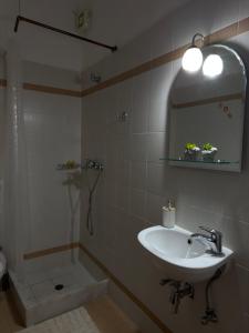 a bathroom with a sink and a shower and a mirror at Chrysa's Studios in Loutra Edipsou