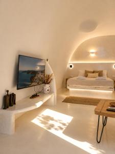 a bedroom with a bed and a tv on a wall at Ecolodge Cave House in Vóthon