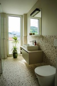 a bathroom with a sink and a toilet and a window at Noas Bergisel in Innsbruck +128 photos