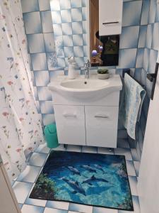 a bathroom with a sink and a bathroom rug on the floor at Baka Jaka in Lumbarda +11 photos