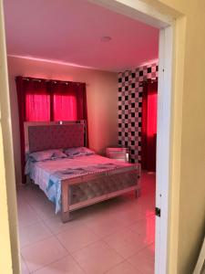 a bedroom with a bed with pink walls and red curtains at Edificio Ramírez 1 in Boca Canasta