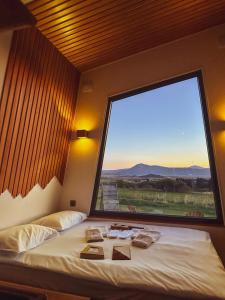 a bed in a room with a large window at DANGUBA - Tiny Glamp House With Hot Tub by IGLENA in Kupres