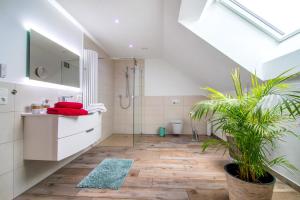 a bathroom with a sink and a shower and a plant at Ferienwohnung Bergele in Rot an der Rot +16 photos