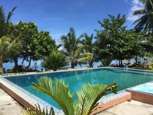a swimming pool with palm trees in the background at Pintuyan Dive Resort in Pintuyan