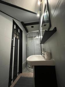 a white bathroom with a sink and a mirror at Noclegi U Waldiego in Starachowice