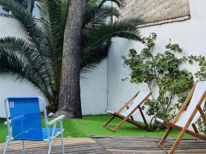 a couple of chairs sitting next to a tree at Pulkay Hostel Folk in Mendoza