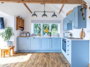 a kitchen with blue cabinets and a wooden floor at 1 Bed in Axminster oc-82604 in Chardstock +12 photos