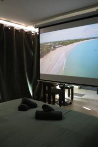 a room with a large screen with a beach at Le Nid du Cortil in Theux