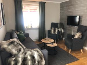 a living room with a couch and chairs and a tv at Gårdens Stugor - stugor för självhushåll in Klimpfjäll