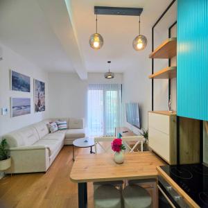 a living room with a couch and a table at Olive residence A8 in Petrovac na Moru +28 photos