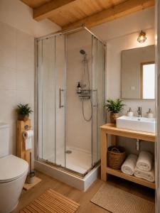 a bathroom with a shower and a toilet and a sink at BaLOVEon Birtok in Káptalantóti