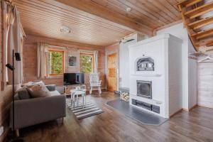 a living room with a couch and a fireplace at Tyyni Resort - Hirsihuvila Aalto in Liperi