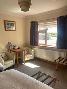 a bedroom with a window and a table and chairs at Islandview House in Clonbur