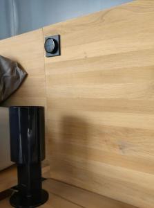 a room with a wooden wall with a speaker on it at Design apartmán in Teplice