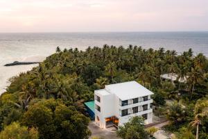 an aerial view of a resort with palm trees and the ocean at Kashiveli Omadhoo in Omadhoo