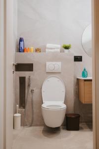 a bathroom with a white toilet and a shower at Shehu Skenderbeg Stay in Tirana