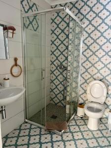 a bathroom with a shower with a toilet and a sink at Elvas Centro Histórico Largo do Refúgio in Elvas +17 photos
