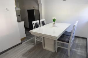 a white dining room table with a vase of flowers on it at S Apartman Vrdnik in Vrdnik +9 photos