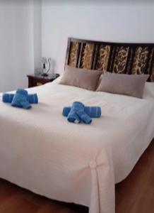 a bed with two blue stuffed animals on it at Casa Los García in Rute +11 photos