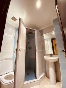 a bathroom with a shower and a toilet and a sink at Meknes Hamria centre ville only families and forneigners in Meknès