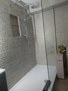 a shower with a glass door in a bathroom at Coastal Apartment in Malahide