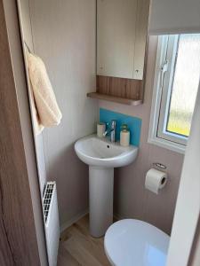 a small bathroom with a sink and a toilet at Surf Shack Caravan - Lyons Winkups in Kinmel Bay