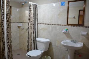 a bathroom with a toilet and a shower and a sink at Hotel Milenio Nanacamilpa Tlaxcala in Nanacamilpa