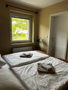 two beds in a bedroom with towels on them at Rooms Zima in Žirovnica