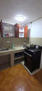 a kitchen with a stove and a sink in it at Departamento central Lg in Pereira +4 photos