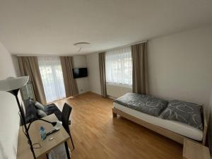 a living room with a bed and a couch at GrafOne Apartment in Waizenkirchen
