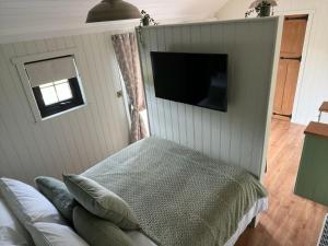 a bedroom with a bed and a tv on a wall at Everwood Escape- The Willow Hut With Private Hot Tub in Dungiven