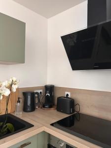 a kitchen counter with a sink and a microwave at Ker Rev Home Gîte indépendant de charme en longère bretonne in Quimper