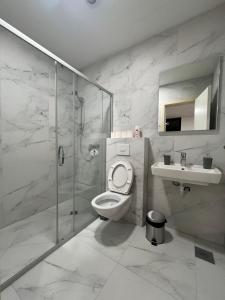 a bathroom with a shower and a toilet and a sink at Green River in Konjic +54 photos
