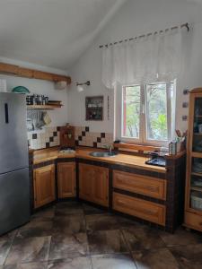 a kitchen with wooden cabinets and a stainless steel refrigerator at House Vesna Kupinova in Milna