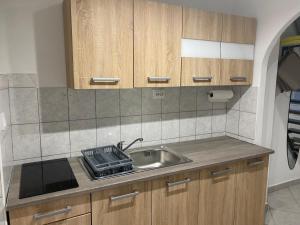 a kitchen with a sink and wooden cabinets at Bobo Hegyi Kuckó in Sárvár