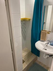 a bathroom with a sink and a shower at Bobo Hegyi Kuckó in Sárvár +15 photos