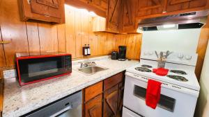 a kitchen with a white stove and a microwave at Lee's Grand Lake Resort Cabin 4 in Grove